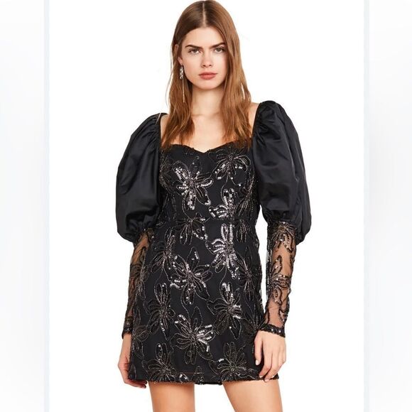 Rotate Birger Christensen Sequin Embellished Puff sleeve Black mini 10 US - Picture 2 of 14